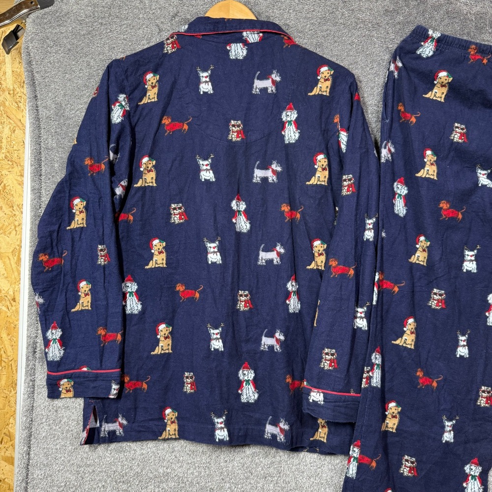 PajamaGram Pajama Set Womens Medium Christmas Dog Navy Blue Cotton Flannel - Picture 5 of 10